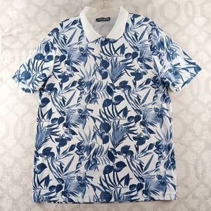 PJ Paul Jones Polo Mens Medium White Blue Floral Tropical Short Sleeve Shirt